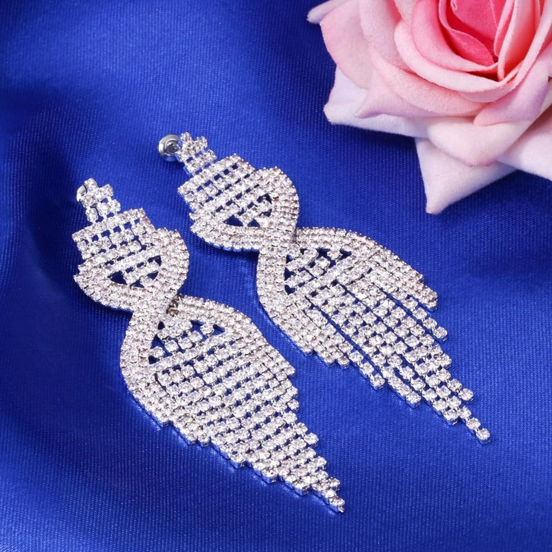 CHRAN Silver Rhinestone Long Tassels Dangle Chandelier Earrings Jewelry Size 3.5" - Image 3